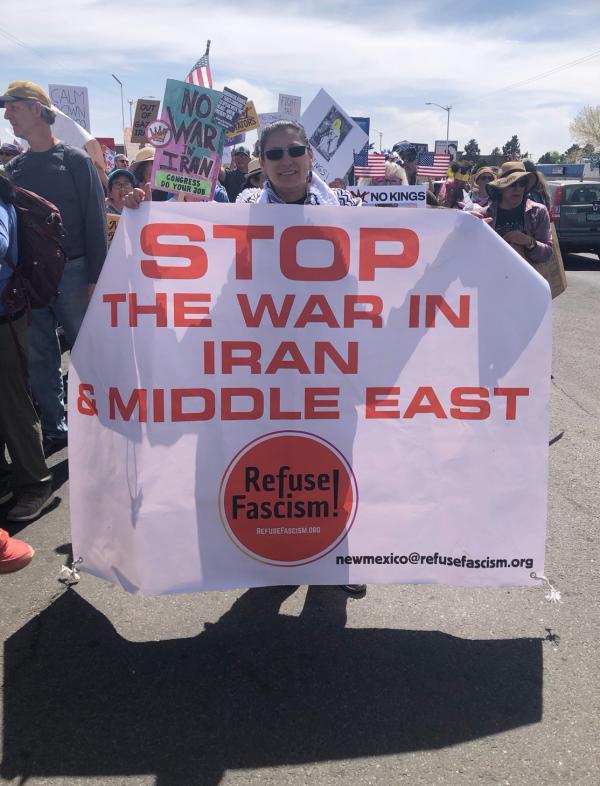 Refuse Fascism banner at No Kings Day in Albuquerque, New Mexico, March 28, 2026.