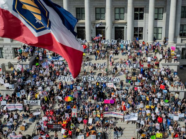 Protest at the capitol in Salt Lake City on No Kings Day, March 28, 2026.