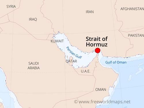 Map with Strait of Hormuz in relation to Iran, Oman, UAE, and Saudi Arabia.
