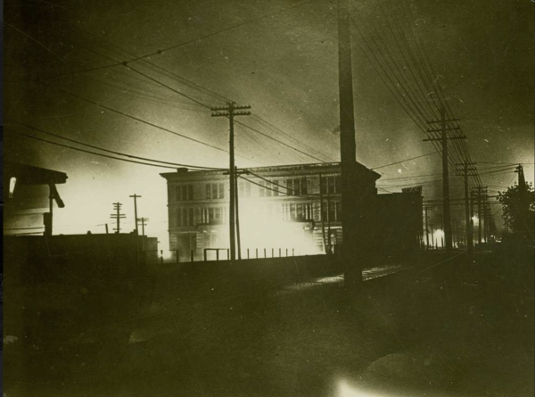 1917, library in East St. Louis in flames, during the massacre.