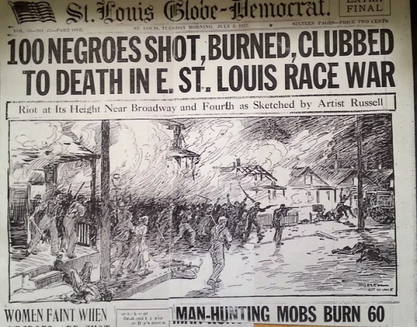 Front page of St. Louis Globe Memorial, "100 Negroes Shot, Burned, Clubbed to Death.." 