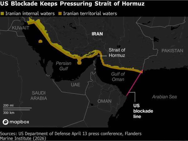 Map of U.S. blockade pressuring Strait of Hormuz, April 13, 2026.