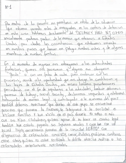 The first page of a letter sent from Delaney Hall detainees describing their conditions.