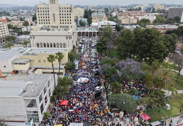 An aerial view of May Day Rally in Los Angeles, May 1, 2026.