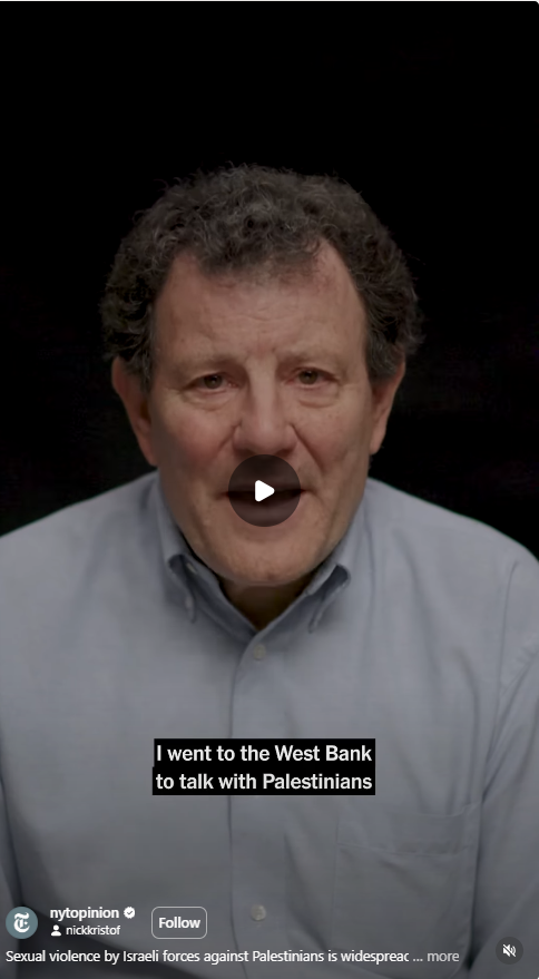 Screenshot of Nicholas Kristof on Israeli forces rape of Palestinians.