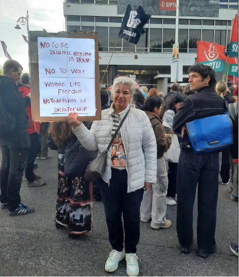 Mansoureh Behkish of Iran’s Mourning Mothers movement, protesting No War in Iran.