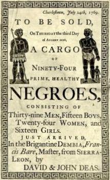 Ad for slave auction in South Carolina, 1769.