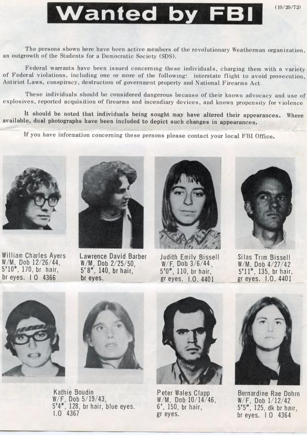 FBI Wanted Poster of the Weather Underground, 1972.