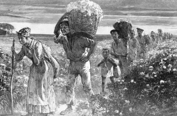 Enslaved people leaving the fields, with heavy loads.