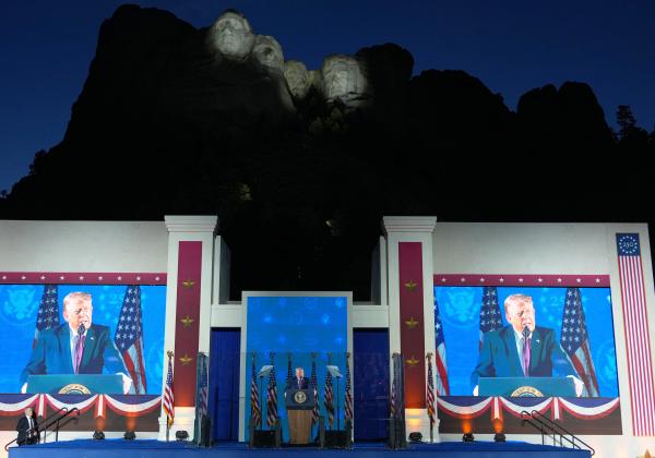 Trump speaking at Mount Rushmore, South Dakota, July 3, 2026.