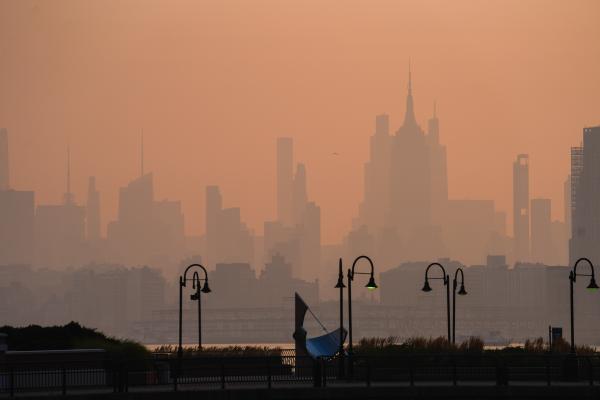The New York City skyline through a cover of Canada wildfire smoke, July 17, 2026.