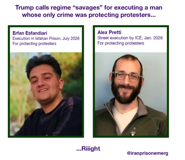 Poster compares Alex Pretti with Erfan Esfandiari executed for protecting prisoners, 2026.