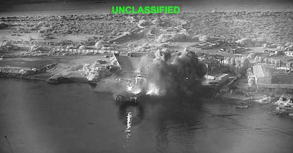 An explosion from three U.S. one-way attack surface drones, at Bandar Abbas Naval Base, Iran, July 12, 2026.