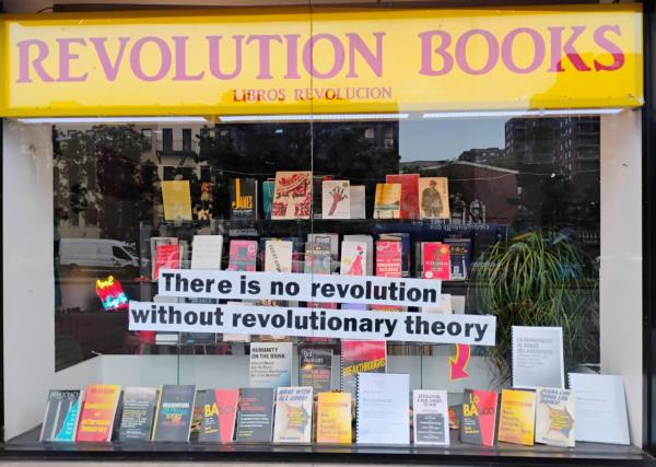 Revolution Books window with books on revolutionary theory, New York