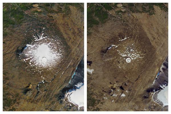 Okjökull glacier in Iceland: left, September 14, 1986, area 15 square miles; right, August 1, 2019, remaining glacier area less than half square mile.