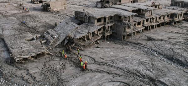 A drone image shows destruction following glacial fail and flash flooding along the Trishuli River, Nuwakot district, Nepal, August 29, 2026.