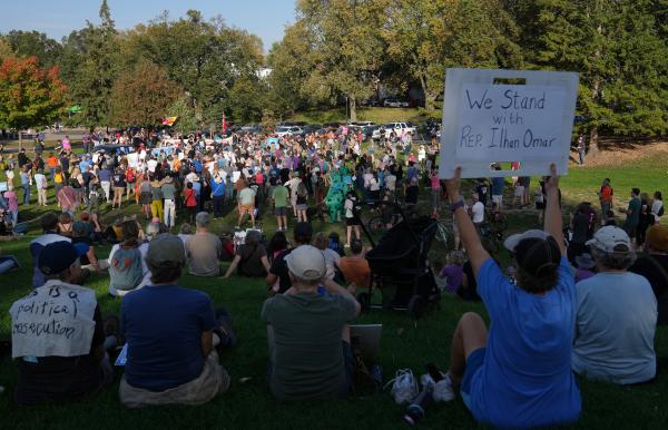 Rally in support of Democratic Rep. Ilhan Omar, October 12, 2026, at Powderhorn Park in Minneapolis.
