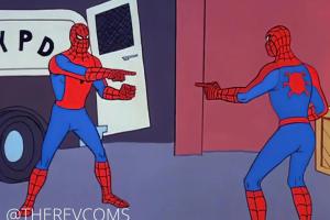 Two spiderman characters pointing at each other, who is the war criminal?