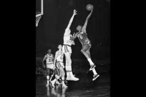 Bill Russell, Boston Celtics, shooting against Los Angeles Lakers
