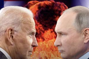 Biden and Putin with nuclear cloud in background