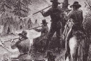 Drawing titled “Protecting the Settlers,” accompanied an 1861 Harper's New Monthly Magazine article that described the mass murder of Yuki people at Round Valley, CA