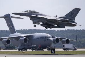 U.S. F-16 jets in Air Defender 2023 exercises, responding to simulated attack on a NATO member.