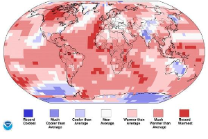 Land & ocean temperature percentiles, May 2023 (NOAAGlobalTemp).