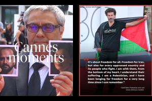Filmmaker Mohammad Rasoulof at the Cannes Film Festival (left), and Palestinian actor Saleh Bakri in a flash mob protest at the Venice Film Festival (right)