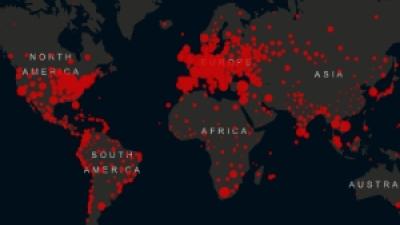 World map identifying outbreaks of COVID