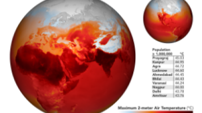 Map of world showing areas with temperatures over 115 degrees Fahrenheit