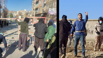 In Javanrud, December 31, building a barricade with bare hands (left), and armed security forces (right).