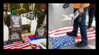 Chicago and LA: Standing on the U.S. and Russian flags, and encouraging people to walk on the American flag.