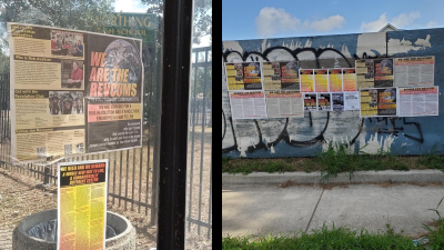 Revcom posters and art on walls in Texas