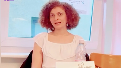 Somayeh Kargar, former political prisoner in Iran, speaking in Leipzig, Germany, August 14, 2023.