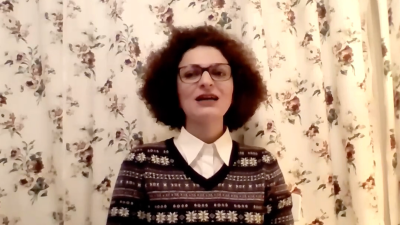 Screengrab of Somayeh Kargar speaking on International Women’s Day, March 8, 2023.