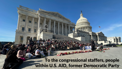 Background photo: On November 8, more than 100 Congressional staffers walked out of their jobs and protested on the steps of the Capitol building. (Twitter: @MohammedKhaderr)