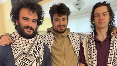 L-R: Tahseen Ali Ahmad, Kinnan Abdalhamid, and Hisham Awartani, three young Palestinian students who were shot near the University of Vermont, Burlington, November 25, 2023.