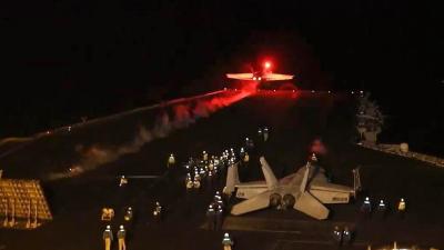 A U.S.F/A-18 Super Hornet takes off from USS Dwight D. Eisenhower to target sites in Yemen, January 11, 2024.