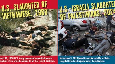 My Lai massacre and bodies of victims of U.S.-Israel attack on hospital in Gaza