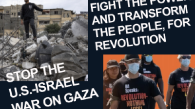 Left: destruction in Gaza, Right: revcoms marching
