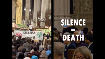 Just before Easter Mass at St. Patrick’s Cathedral in New York City, protesters went in front of the altar with a large banner saying “Silence = Death.” (Screengrabs from video, credit: @xr_nyc)