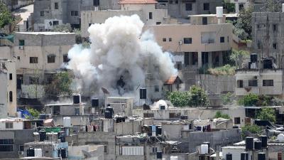 Explosion from Israeli bombardment of the Nur Shams refugee camp near the town of Tulkarem, Gaza, April 20, 2024.