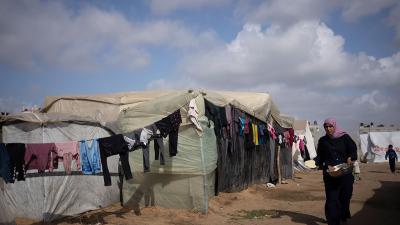 Palestinians displaced by Israeli ground offensive on the Gaza Strip at tent camp in Rafah, January 23, 2024.