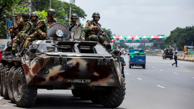 Bangladeshi army on patrol on a highway in Dhaka during the student uprising, July 23, 2024.