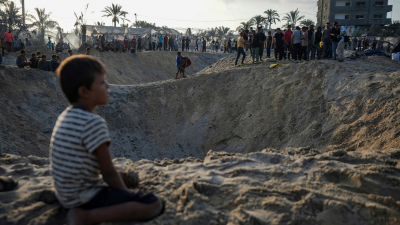 2,000-Pound bombs supplied by the U.S. made this crater at Al-Mawasi refugee tent camp in Gaza. The Israeli strike killed at least 40 people and wounded 60, September 10, 2024.