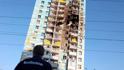 A damaged residential building after an alleged Ukrainian drone attack near Moscow, September 10, 2024.