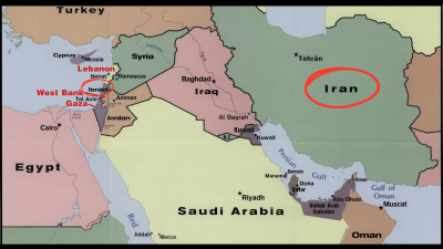 Map of the Middle East, focused on Israel and Iran