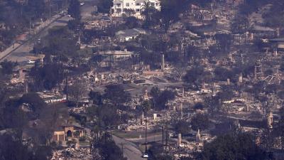 An aerial view shows fires in California caused extensive destruction in Pacific Palisades, January 9, 2025.