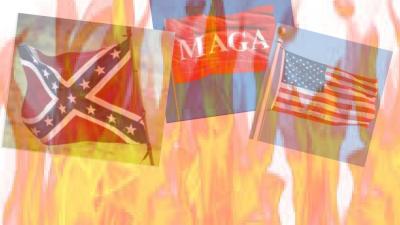 Burning confederate, MAGA, and US flags