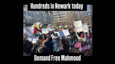 March 27 Refuse Fascism held rallies calling for freedom for Mahmoud Khalil, this one in Newark NJ on March 28
